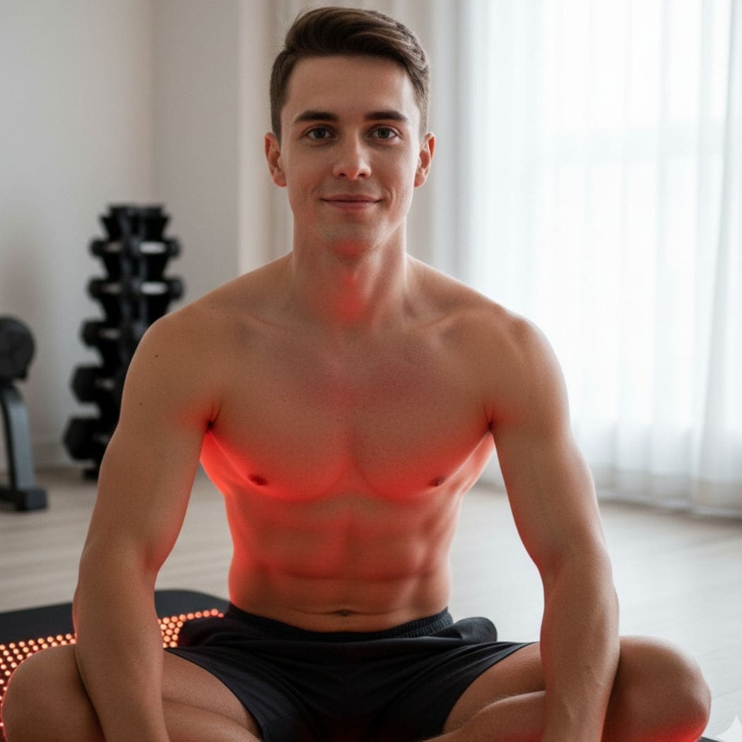 A close-up image from the waist up of a shirtless, slim-fit young man in his 20s, with short dark hair, smiling peacefully directly at the camera. He is in an indoor setting
