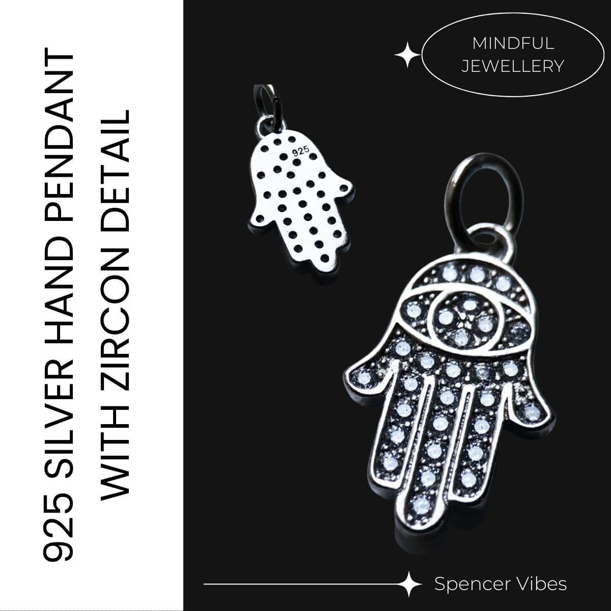 925 sterling silver hand pendant front and back view on black background