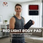 A man in a sleeveless shirt holds a black rectangular pad with a power button. Inset shows the pad glowing red. Text: Radiant Light Wrap – Red & Infrared Therapy Pad, perfect for mindful rest and relaxation moments.
