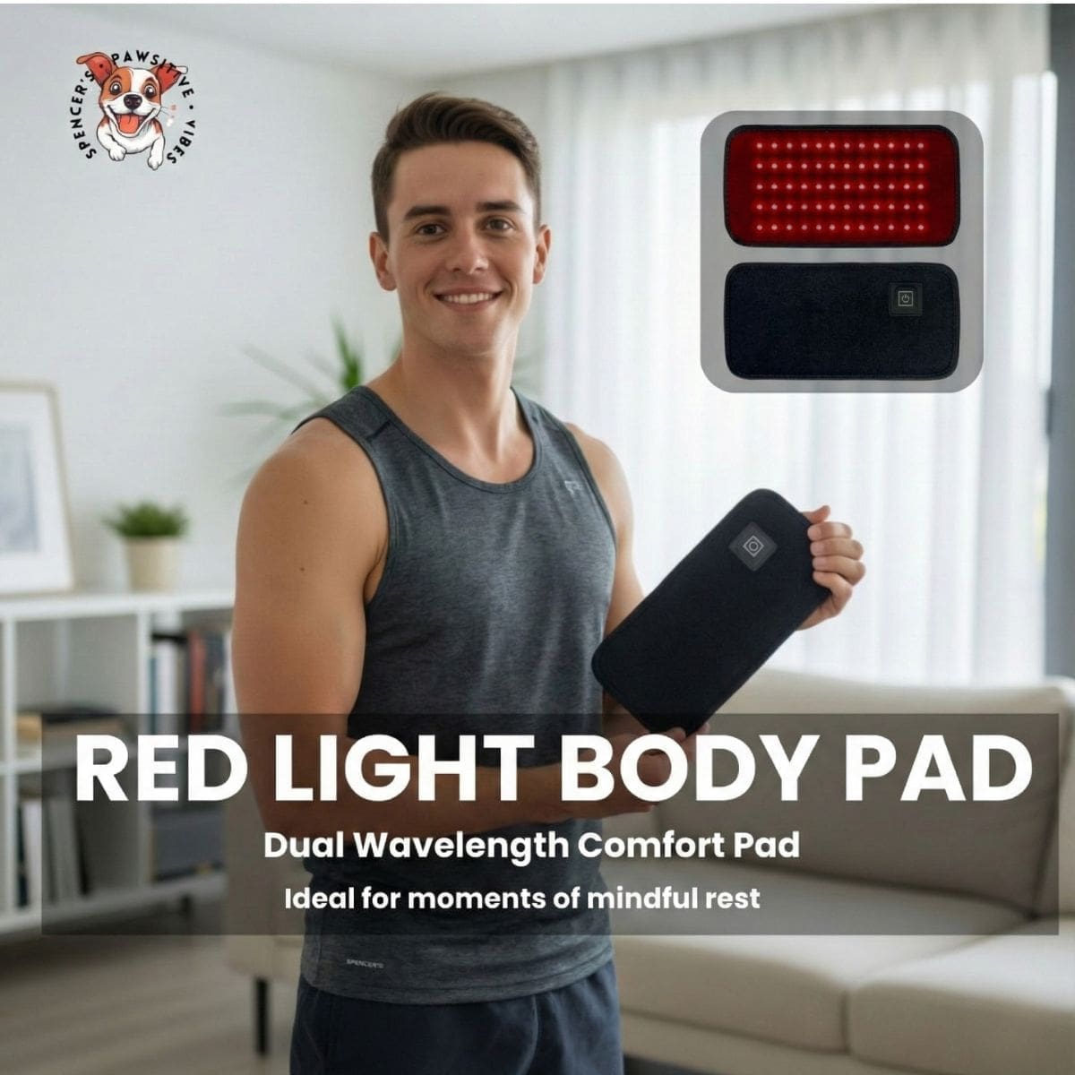 A man in a sleeveless shirt holds a black rectangular pad with a power button. Inset shows the pad glowing red. Text: Radiant Light Wrap – Red & Infrared Therapy Pad, perfect for mindful rest and relaxation moments.