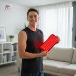 man in black vest holding the Red Light Blance Panel