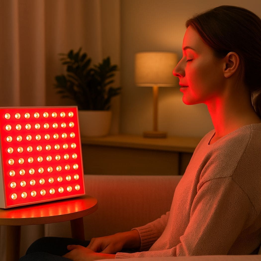 A woman sitting calmly beside a red LED light panel in a softly lit modern living room. The light casts a gentle, warm glow across the minimalist space, creating a calm and mindful atmosphere.