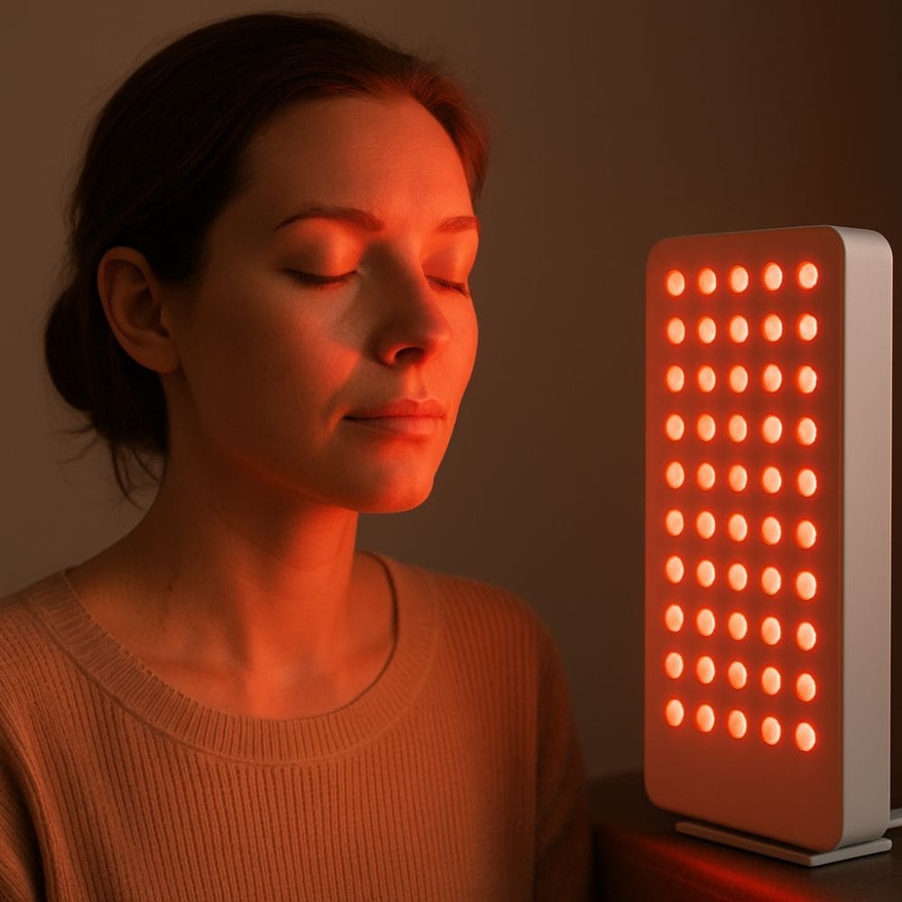 A woman sits peacefully beside a red light therapy lamp in a softly lit room, her face gently illuminated by the warm red glow, conveying calm, mindfulness and relaxation.