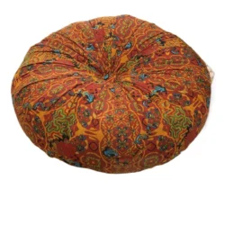 Round orange bohemian-style cushion with intricate patterned fabric designed for meditation, relaxation, and home comfort.