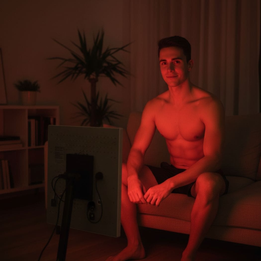 Young man on sofa facing a red light therapy lamp