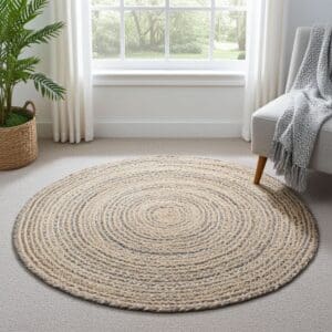 In a bright room, a 150 cm Round Jute and Recycle Denim Rug in natural and gray tones rests on a light carpet, with a white armchair, gray knit throw, leafy plant in a basket, and large window with white curtains nearby.