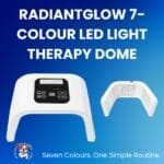 Two views of the white RadiantGlow 7-Colour LED Light Therapy Dome (UK-Shipped) with control panel and display are shown on a blue gradient background. The product name appears at the top, with logo and slogan beneath.