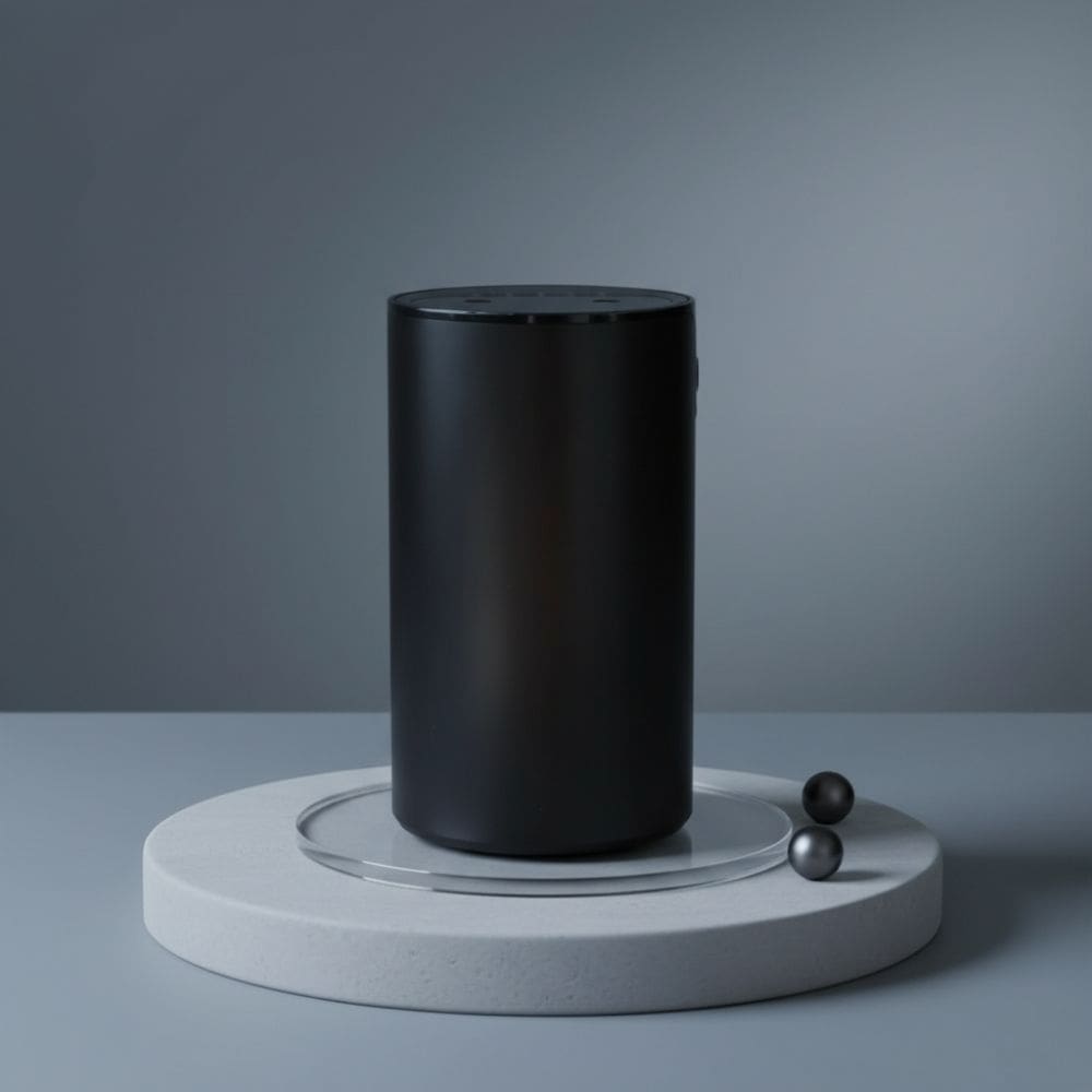 The Essential Oil Diffuser – Waterless Nebuliser USB-C stands upright on a round white platform with a glass ring, flanked by two small black spheres. The background’s smooth grey gradient creates a minimalist, modern display. Includes Free Lavender 10ml & 15% Off Massage Oil.