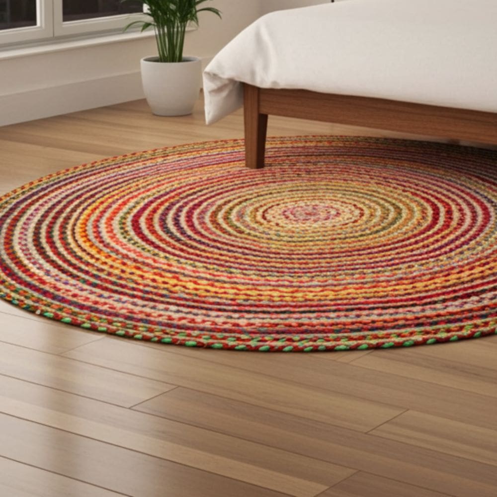 The Round Jute and Recycled Cotton Rug - 150 cm, featuring multicolored braided concentric circles, rests on light wood flooring beside a wooden bed. A potted plant by the window adds greenery to the room.