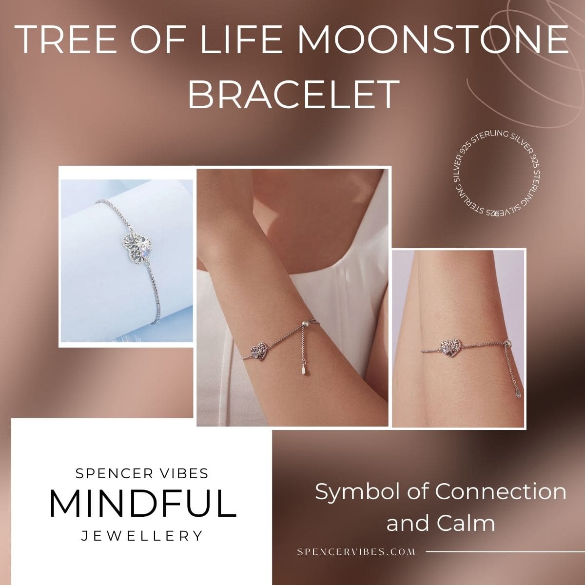 925 Sterling Silver Tree of Life Bracelet with Moonstone Heart