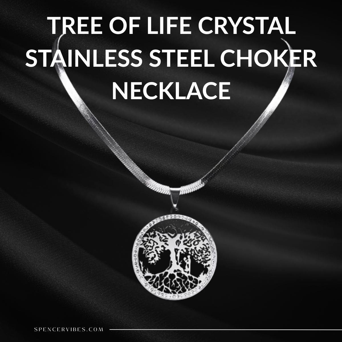 A Silver Crystal Tree Pendant Choker in Stainless Steel with an intricate tree of life design and sparkling crystals, showcased on a silky black background. Bold white text above reads: TREE OF LIFE CRYSTAL STAINLESS STEEL CHOKER NECKLACE.