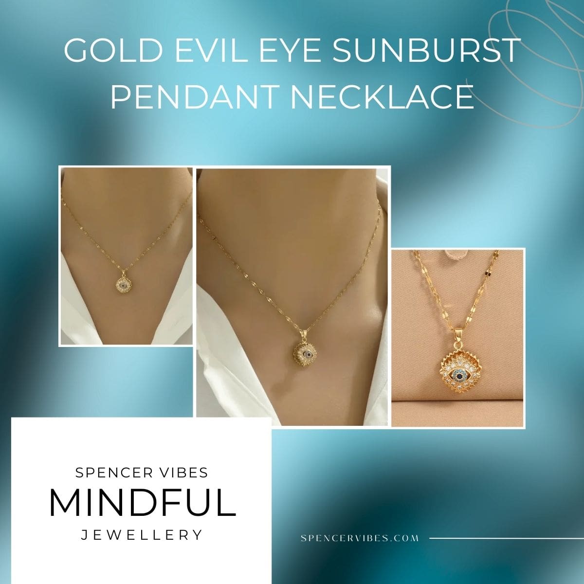 Three images show a Fashionable Rotating Evil Eye Pendant Necklace for Women, worn on a woman's neck. Set against a blue background, white text reads: Fashionable Rotating Evil Eye Pendant Necklace and Spencer Vibes Mindful Jewellery.