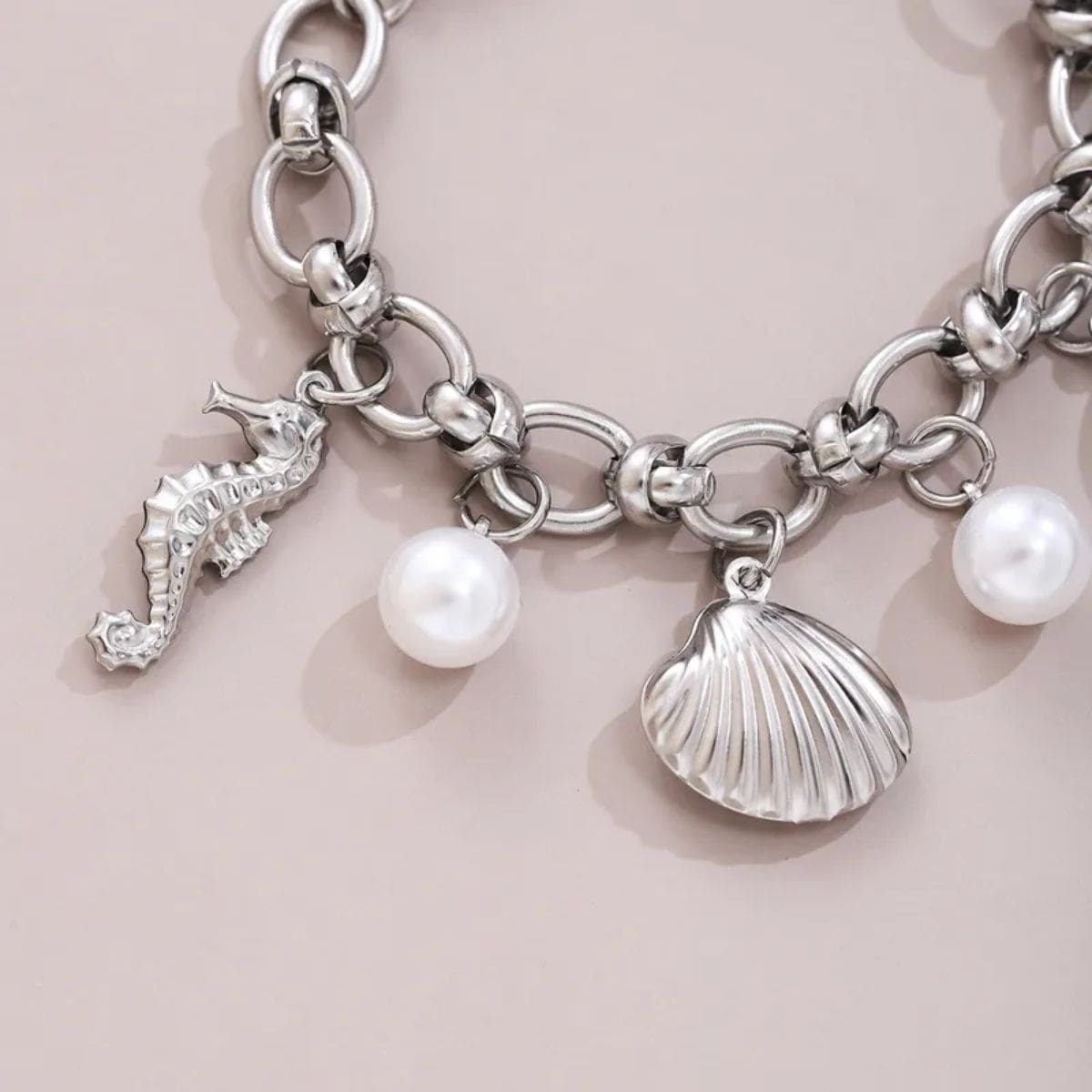 Silver-Tone Ocean Charm Bracelet with Pearl Details