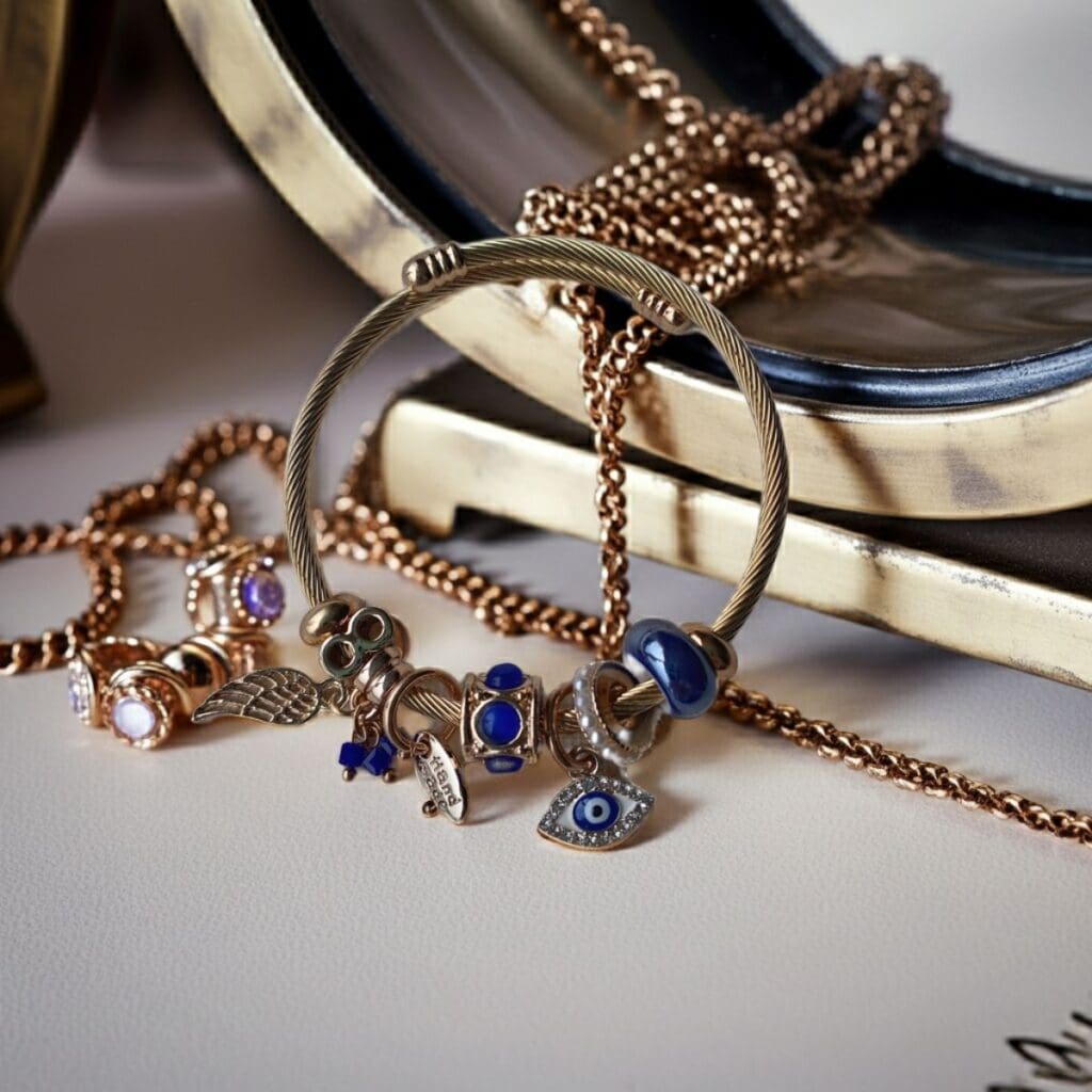 A Gold-Tone Charm Bracelet with Blue Beads & Evil Eye Detail rests on a cream surface, while rose gold chain necklaces with purple gemstones frame a glossy, curved metallic sculpture.