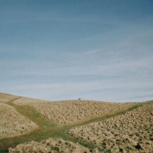 A grassy hilltop with intersecting dirt paths under a clear blue sky. Two small figures sit together on the distant hill, surrounded by dry grass—always preparing for what’s next in the open, serene landscape of solitude and tranquility.
