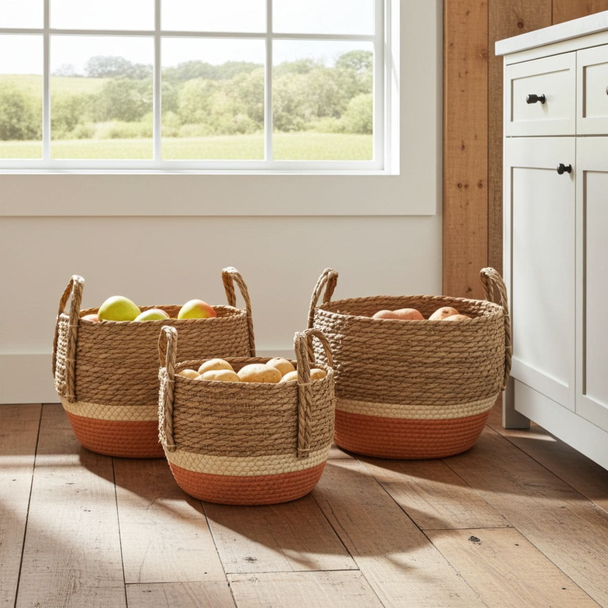Straw & Seagrass Storage Baskets – Natural & Orange (Set of 3)