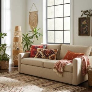 A cosy living room with a beige sofa, patterned cushions, blanket, green plants, wall hangings, and a large window features the Rattan Totem Floor Lamp: an artisan pillar of light—enhancing the boho space with earth tones and natural light.