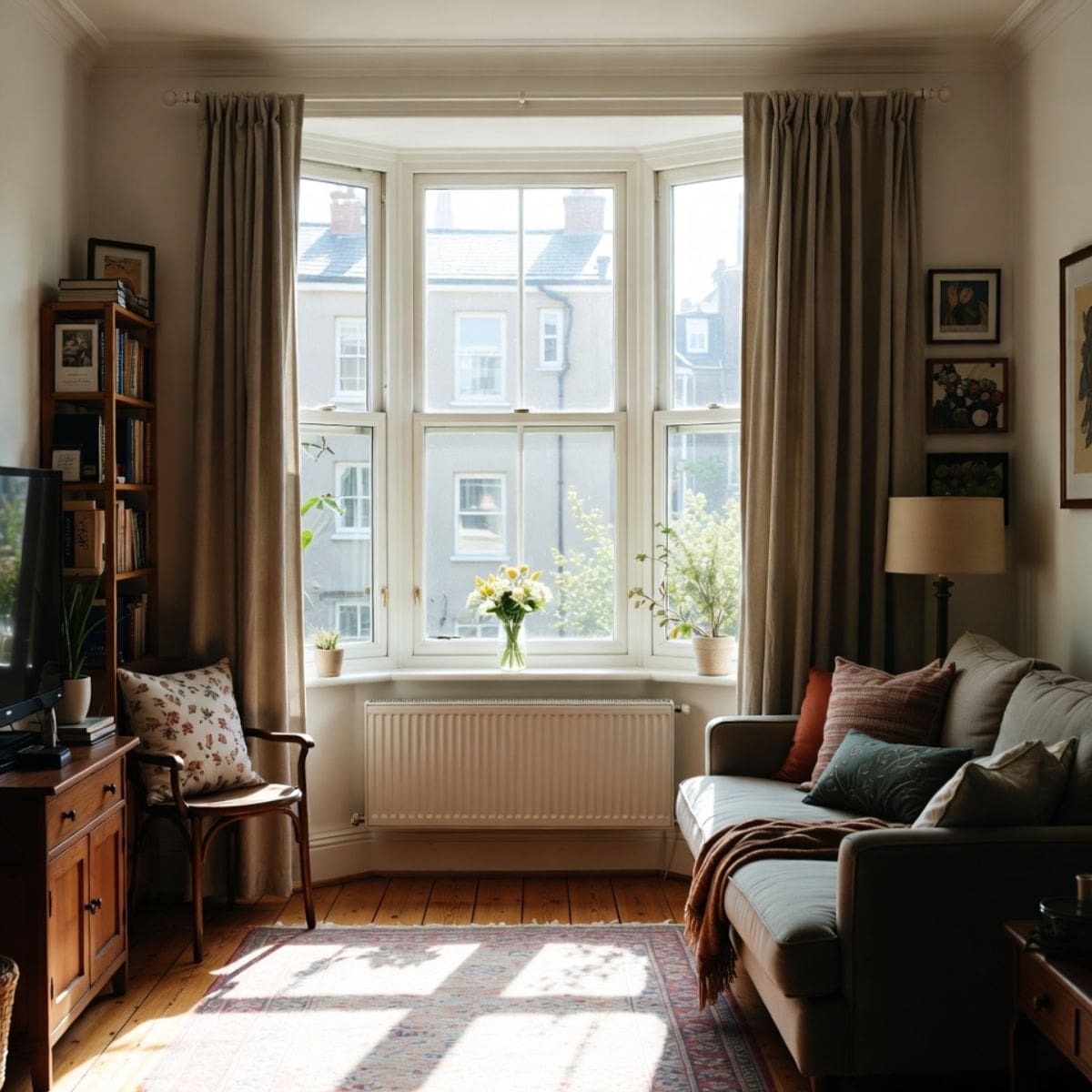 A cosy living room with sunlight streaming through a large bay window, beige curtains, a grey sofa with cushions—an inviting space perfect for mindfulness meditation for anxiety, with potted plants and yellow flowers on the windowsill.