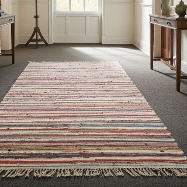 The Room Rag Rug - 150x200cm - Random Colours, featuring multicolored stripes and fringe at both ends, is displayed on a gray carpet in a bright room with white walls, large windows, wainscoting, and wooden furniture.