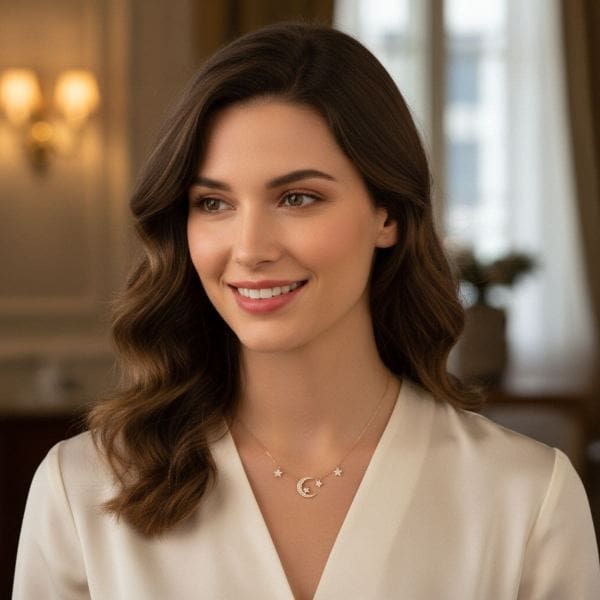 A woman with wavy brown hair and light skin smiles softly indoors. She wears a cream blouse and a delicate symbolic jewellery necklace featuring stars, a crescent moon, and an evil eye pendant. Elegant lighting illuminates the curtained windows behind her.