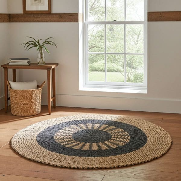A bright room with wood floors features the Round Seagrass Rug Black & Tan Inner Sun – 1m as a centerpiece. Sunlight fills the space, highlighting its black circular pattern. A small table with books and a vase adds to the cozy, minimalist mood.