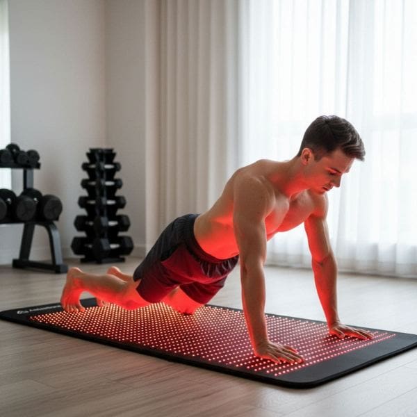 Young man in a home gym exercising on a red light therapy mat